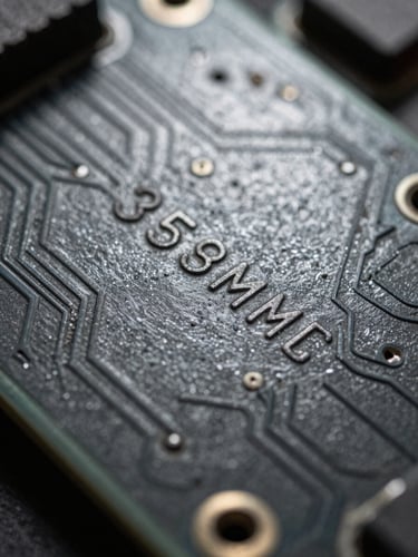 Macro photograph of a vintage industrial circuit board, focus on serial number engraving, high-contrast dramatic lighting, metallic slate gray tones, 35mm