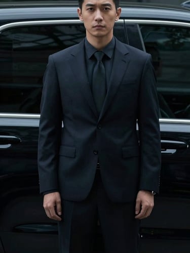Professional operative in a tailored dark suit, standing discreetly beside a dark executive vehicle, low-key cinematic lighting, avoiding direct eye contact with the camera, muted navy and charcoal tones, sharp focus.