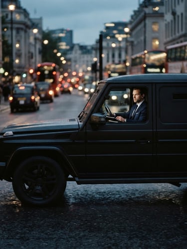 Wide cinematic shot of a sleek, dark armored SUV driving through a city street at dusk, blurred city lights in the background, professional operative in a tailored suit visible in the passenger seat, low-key lighting, muted navy and charcoal tones, sharp focus, discreet atmosphere, 35mm