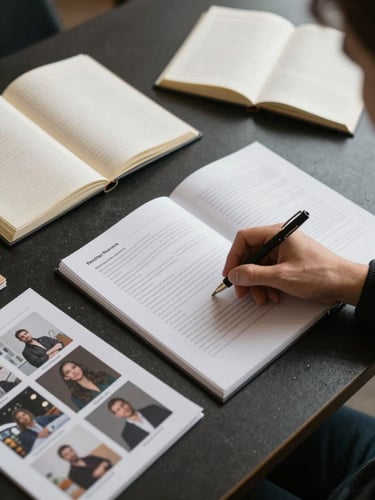 Overhead editorial view of a strategy session table with open notebooks, printed creator content samples, and a hand pointing to a brief document, crisp controlled studio light, dark surface, no faces visible