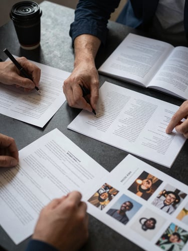 Overhead close-up of a campaign strategy session, hands arranging annotated creative briefs and printed creator content samples on a dark matte surface, crisp studio light from the upper left casting precise shadows across the documents