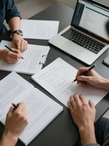 Overhead view of a strategy session table — open creative brief documents, handwritten annotation notes, and a laptop screen showing audience analytics, crisp controlled studio light, dark surface, two pairs of hands visible mid-discussion