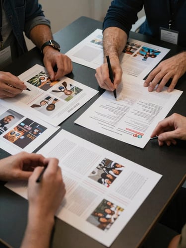 Overhead view of a strategy session table under controlled studio light — two people leaning over printed campaign briefs and annotated creator content printouts, hands visible mid-gesture, dark surface, precise and deliberate atmosphere