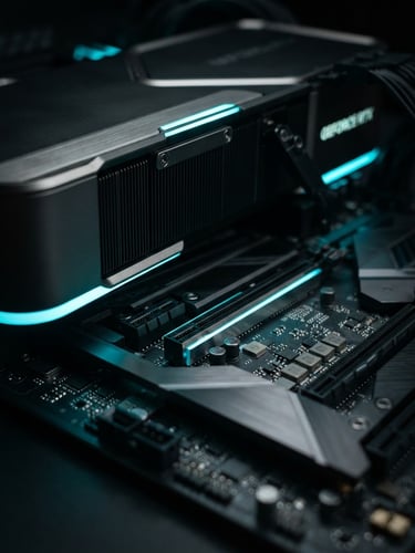 Extreme macro photography of a high-end graphics card seated in a motherboard, glowing electric cyan accents, dust-free metallic textures, moody low-key studio lighting, 50mm lens