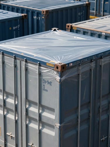 Close-up of sealed high-value cargo containers in a clean modern warehouse, bright daylight, steel tones with subtle navy accents, sharp focus, editorial 35mm.