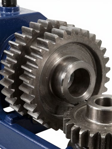 Close-up of industrial machinery spare parts, heavy steel gears, clean studio lighting, high contrast, editorial 35mm