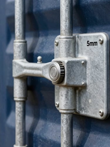 Close-up of sealed cargo container lock with security seal, crisp daylight, professional logistics, sharp focus, 35mm