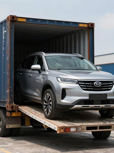 A premium modern SUV being carefully unloaded from a shipping container at a bright Libreville logistics warehouse, crisp daylight, sharp focus.