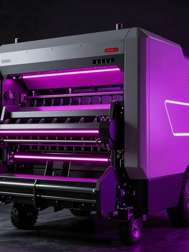 Sleek modern agricultural processing machinery, cold steel tones, dramatic magenta and purple neon gel lighting, high contrast, sharp focus, 35mm editorial style