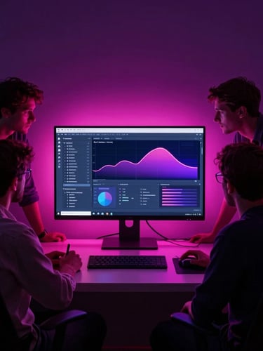 Sleek tech agency studio, creative professionals collaborating around a screen, dramatic neon pink and purple gel lighting, high-contrast dark tones, sharp focus, 35mm editorial photography.
