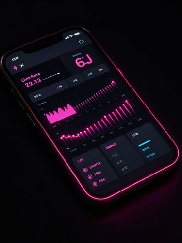 Sleek technology photography, high-contrast dark tones, dramatic neon pink gel lighting, sharp focus, 35mm editorial style, dynamic angle on a high-end digital interface mockup.