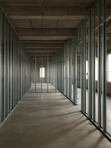 Wide interior shot of a commercial space mid-framing, rows of exposed steel stud walls running into depth, concrete floor reflecting diffused natural light through unfinished window openings, no people, documentary structural clarity