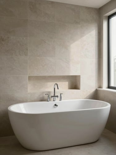 Wide architectural shot of a finished bathroom renovation, freestanding soaker tub against a wall of large-format pale stone tile, north-facing window light casting soft even shadows, no people, no accessories, structural niche framing visible above the tub alcove