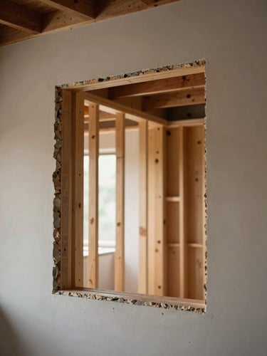 Close architectural detail of a kitchen framing reveal — a wide rough opening freshly cut through a load-bearing wall, header beam visible above, warm wood studs flanking the opening, diffused afternoon light entering from the far room, no people, documentary clarity