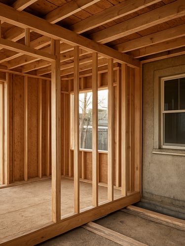 Wide shot of a home addition under construction showing new wood framing tying into the original house wall, late afternoon diffused light entering through a rough opening for a future window, no people, structural connection between old and new framing clearly visible