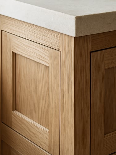 Close architectural detail of custom white oak kitchen cabinetry meeting a stone countertop, diffused afternoon light from a window at the left edge, no people, no styling props, structural joinery visible at the corner seam