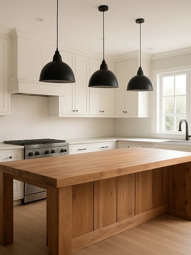Wide interior shot of a finished modern-farmhouse kitchen — shaker cabinetry in warm white, a thick timber island under pendant lights, stone countertops catching diffused north-facing afternoon light, no people, architectural clarity showing spatial scale and joinery detail