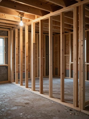 Mid-construction basement renovation showing clean wood stud framing for a future bedroom wall, concrete floor swept, a single bare bulb casting warm directional light across the framing members, no people, spatial depth visible in the background
