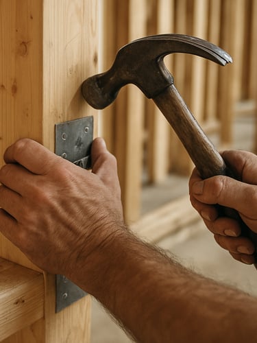 Close wide-angle view of a craftsman's hands securing a wood stud joint on a residential framing site, natural diffused north-facing daylight across the raw lumber, sawdust and pencil marks visible on the wood, no faces, no posed posture — a documentary detail of the work itself
