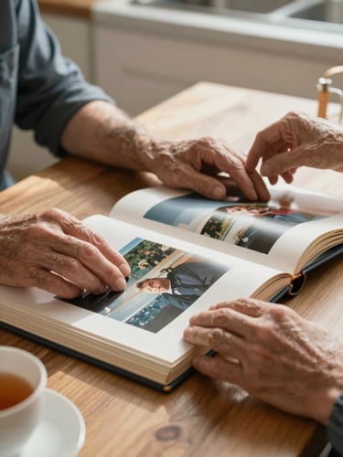 Close-up of two pairs of hands across a kitchen table, one older pair resting on a worn photograph album, soft afternoon window light, a cup of tea at the edge of the frame, warm wood grain visible beneath