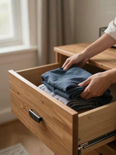 Close environmental shot of a bedroom in transition — a dresser drawer open, hands carefully lifting a folded garment, soft diffused window light from the left, warm wood tones and muted cream walls, mid-room depth of field
