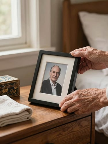 Close-up of older hands carefully placing a framed photograph on a wooden nightstand in a softly lit bedroom, warm window light from the left, a folded cloth and small keepsake box visible on the surface beside it
