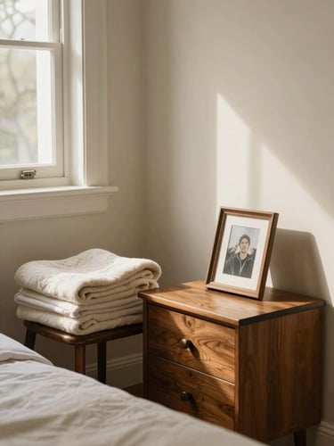 Soft window light falling across a bedroom corner being quietly prepared — a folded blanket on a chair, a framed photograph placed carefully on a nightstand, warm wood tones and cream walls, no people, calm and unhurried