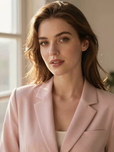 Professional lifestyle portrait of a creative woman with warm-toned lighting, soft golden-hour window light, pastel rose and espresso tones, shallow depth of field, 35mm
