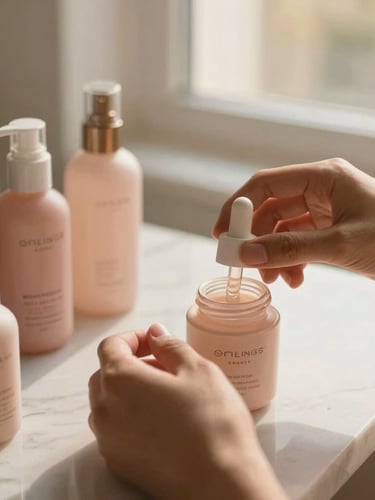 Close-up of elegant hands arranging clean beauty product bottles on a marble surface, warm morning light, soft shadows, 35mm