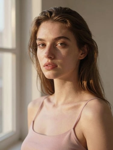Self-portrait of Elena Ross with warm skin tones in soft golden-hour window light, neutral background, editorial style, 35mm