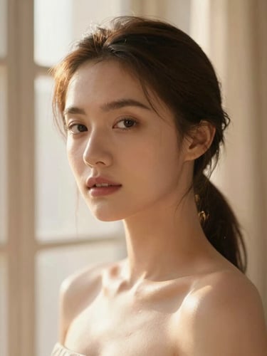 Warm portrait of a elegant woman with clean skin, natural golden hour window light, soft rose and espresso tones, shallow depth of field, 35mm