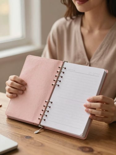 A warm editorial portrait of a woman with soft lighting, holding a linen planner on a wooden table, pastel rose tones, 35mm, shallow depth of field.