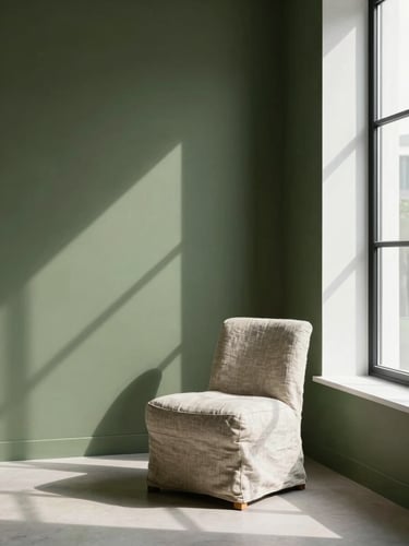 A minimalist room with a deep olive green accent wall, casting geometric shadows from a large window. A single raw linen chair sits in the corner, natural daylight.