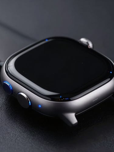 Macro shot of a sleek modern smartwatch with a dark metallic bezel and active screen, cool studio lighting with sharp electric blue accents, dark minimal background, 85mm lens