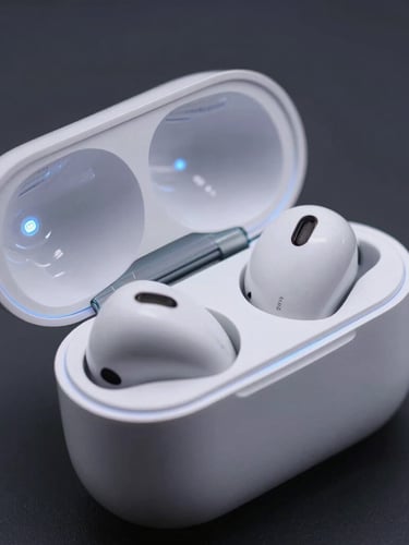 Close-up of premium wireless earbuds resting in an open charging case, subtle electric blue ambient backlighting, sharp focus on metallic contacts, dark gray background