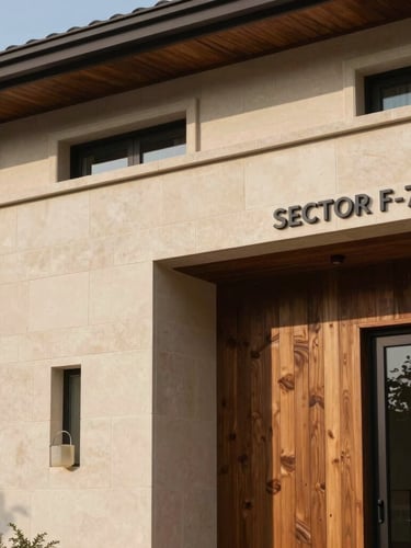 Close-up architectural detail of a premium custom villa facade in Sector F-7, showcasing clean sandstone lines and local timber cladding under crisp morning light.
