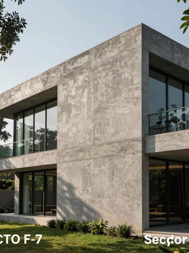 Tactile architectural detail of a modern concrete and glass villa in Sector F-7, Islamabad, framed by lush Margalla greenery under crisp morning light, high-contrast shadows.
