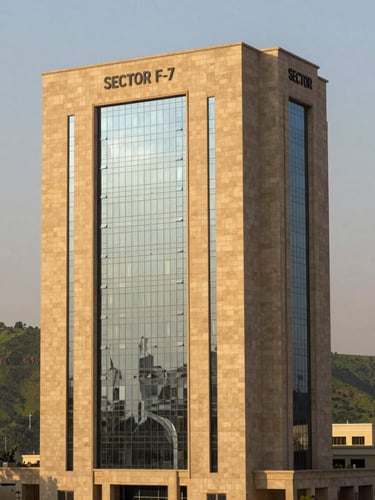 A prestigious modern office building in Sector F-7 Islamabad, warm Pakistani sandstone facade, clean glass lines, framed against the soft green Margalla Hills at golden hour, architectural detail.