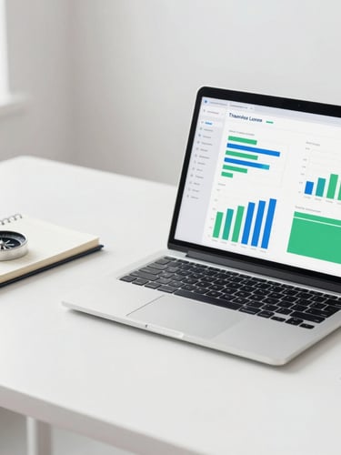 A minimalist modern workspace with a sleek laptop displaying clean data charts, a compass resting on a notebook, bright high-key daylight, crisp blue and green accents