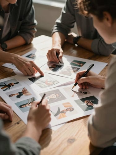 Unposed medium shot of a creative team analyzing a physical editorial mood board on a wooden table, soft natural side light, warm shadows.
