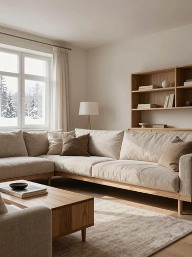 Wide panoramic Scandinavian living room with soft natural daylight, minimalist oak furniture, beige linen sofa, and subtle architectural details.