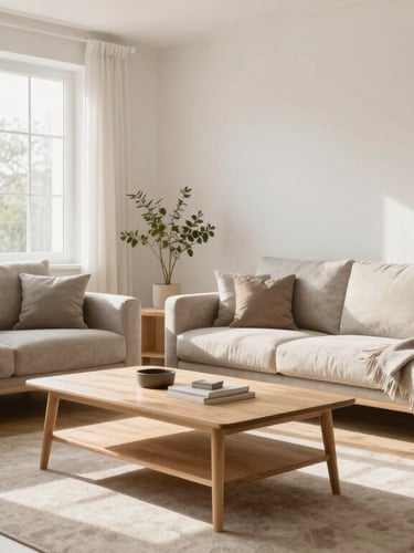 Scandinavian style bright living room flooded with soft morning daylight, clean lines, minimalist oak furniture, wide composition.