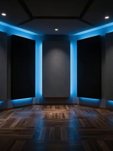 Architectural wide shot of a minimalist NYC recording studio, clean lines, acoustic panels, low-key atmospheric lighting with sharp electric blue neon accents, deep shadows, 35mm