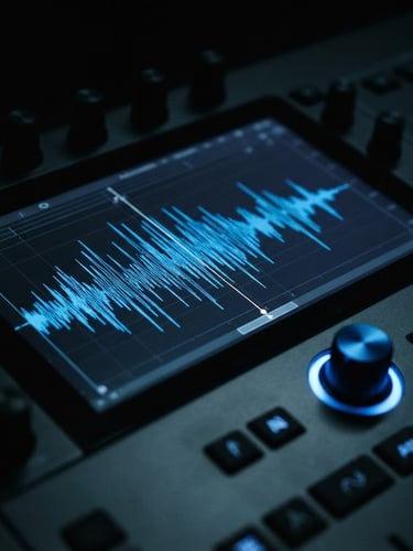 Macro shot of a high-end digital audio workstation interface, glowing electric blue waveform lines across a dark screen, minimalist studio environment, sharp focus, 35mm