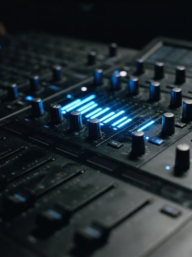 Extreme close-up of a modern digital audio workstation, glowing electric blue meters, dark shadows, sleek minimalist controls, moody editorial photography, 35mm