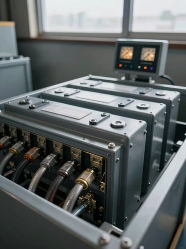 Close-up overhead view of industrial battery storage modules stacked in a steel cabinet, visible bus bars and terminal connections, gauge readout screen lit in the background, overcast daylight from warehouse skylights, no crew