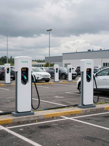 Wide shot of a fleet parking area with multiple EV charging posts actively dispensing power, charge indicator lights lit, overcast sky, industrial facility building visible in background, no people, flat Ukrainian daylight