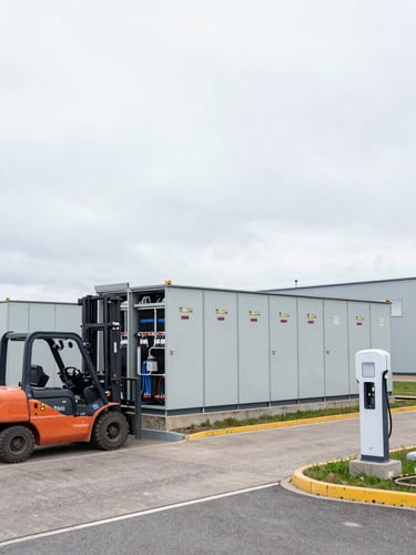 Wide environmental shot of a completed energy storage installation at an industrial facility, overcast Ukrainian sky above, large battery cabinet units with visible cabling and status indicator panels, forklift lane and EV charging post in foreground, no people, flat natural daylight