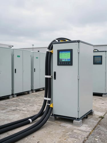 Close environmental shot of a completed energy storage installation at a Ukrainian logistics depot, rows of battery cabinet modules on a concrete pad, thick power cabling routed along conduit, data readout screen glowing on the unit face, overcast daylight, no people