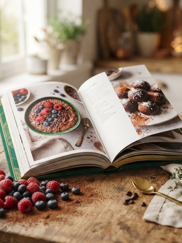3D mockup of the 'Postres Fit Sin Culpa' ebook, open to a recipe page, surrounded by fresh berries and cocoa powder, bright natural side-lighting, shallow depth of field, rich emerald and gold tones, 35mm